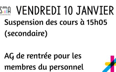 Vendredi 10 janvier : suspension des cours à 15h05 pour les élèves du secondaire