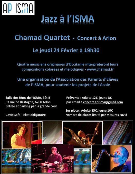 Concert – Chamad Quartet – Jeudi 24/2/22 – 19h30 – Salle des Fêtes de l’ISMA